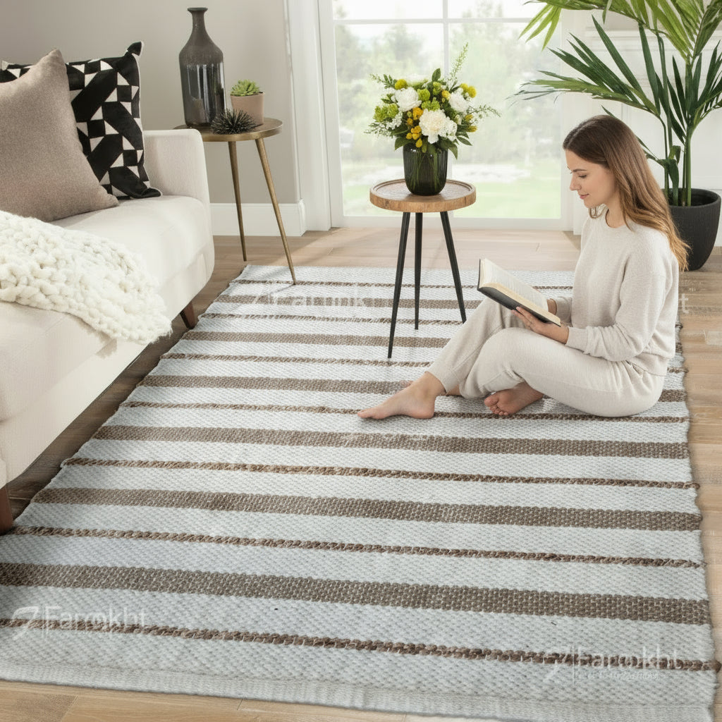 Striped area rug in a living room with a couch, side table, and plants.