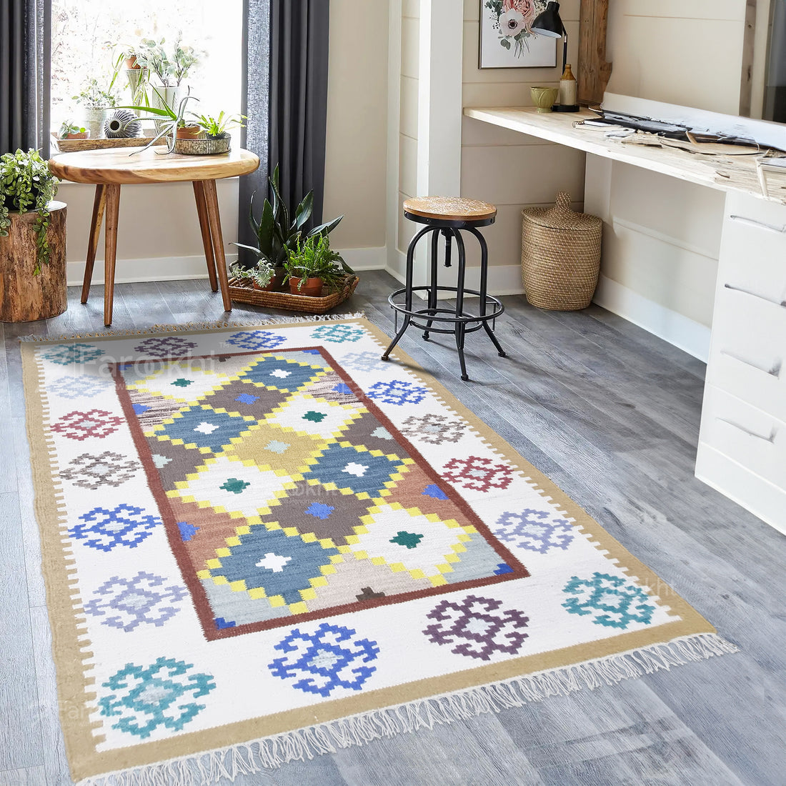 Multi-Color Geometric Wool Blend Area Rug