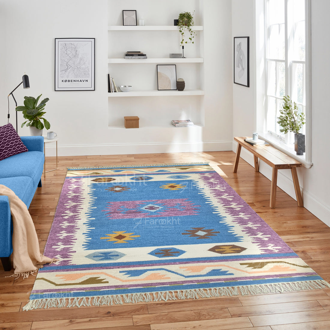 Blue Purple Handwoven Wool Kilim Rug