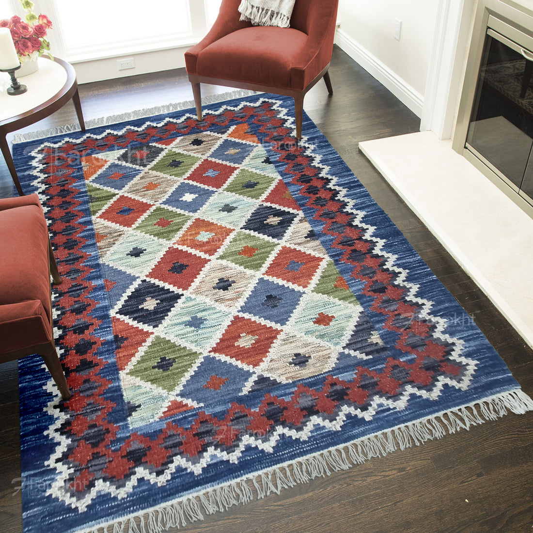 Navy Geometric Handwoven Wool Blend Area Rug | Farookht