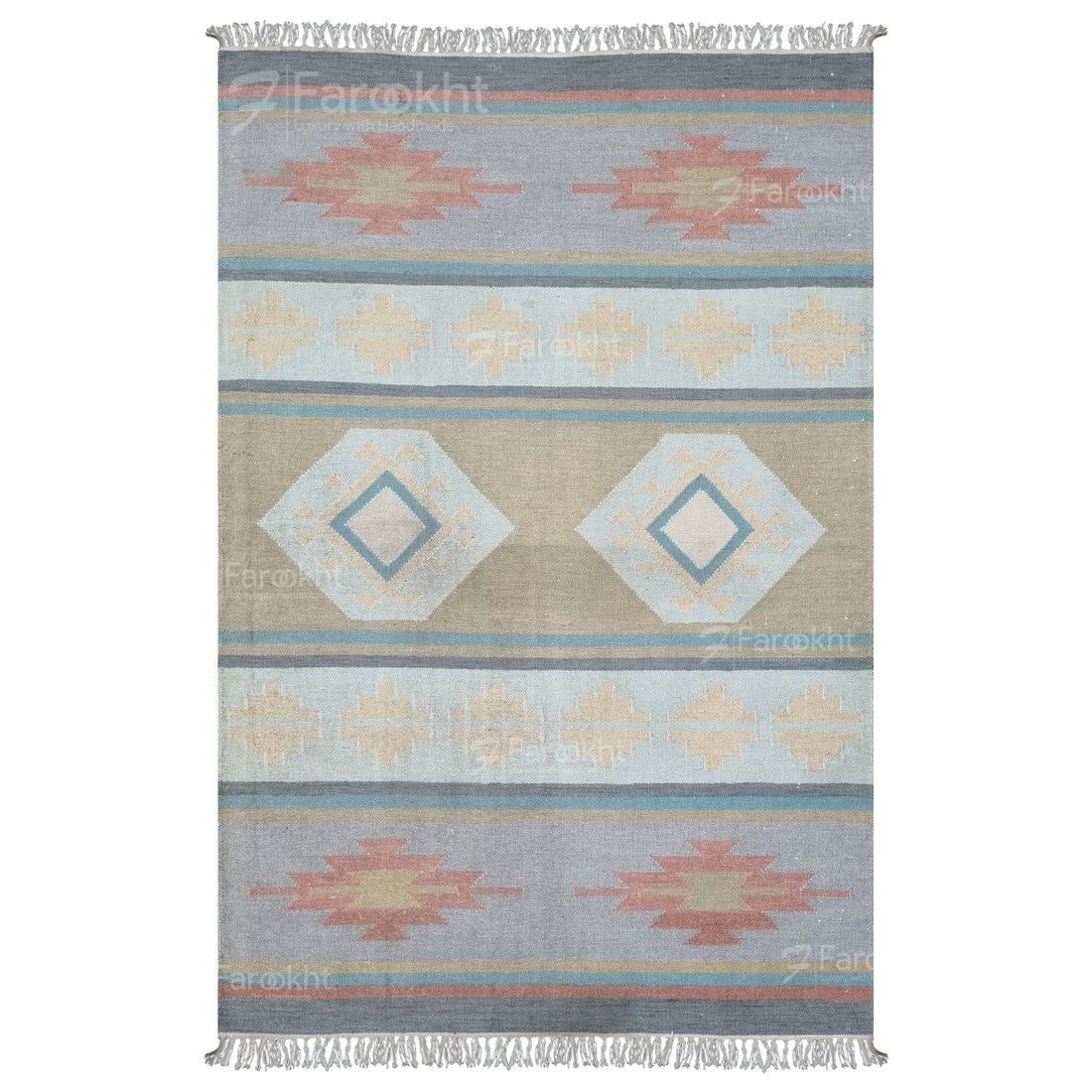 Pastel Flatweave handwoven wool-blend rug, flatweave with coral, mint, and sand tones, finished with short fringes — ideal for living rooms.