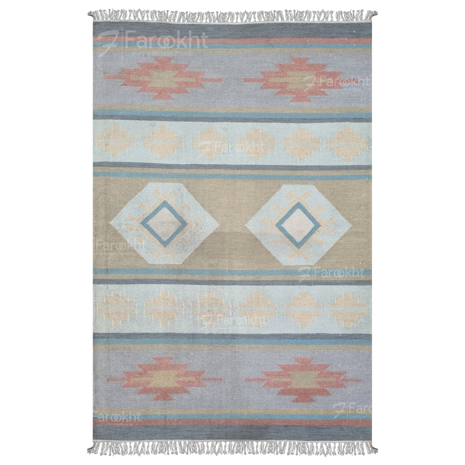 Pastel Flatweave handwoven wool-blend rug, flatweave with coral, mint, and sand tones, finished with short fringes — ideal for living rooms.