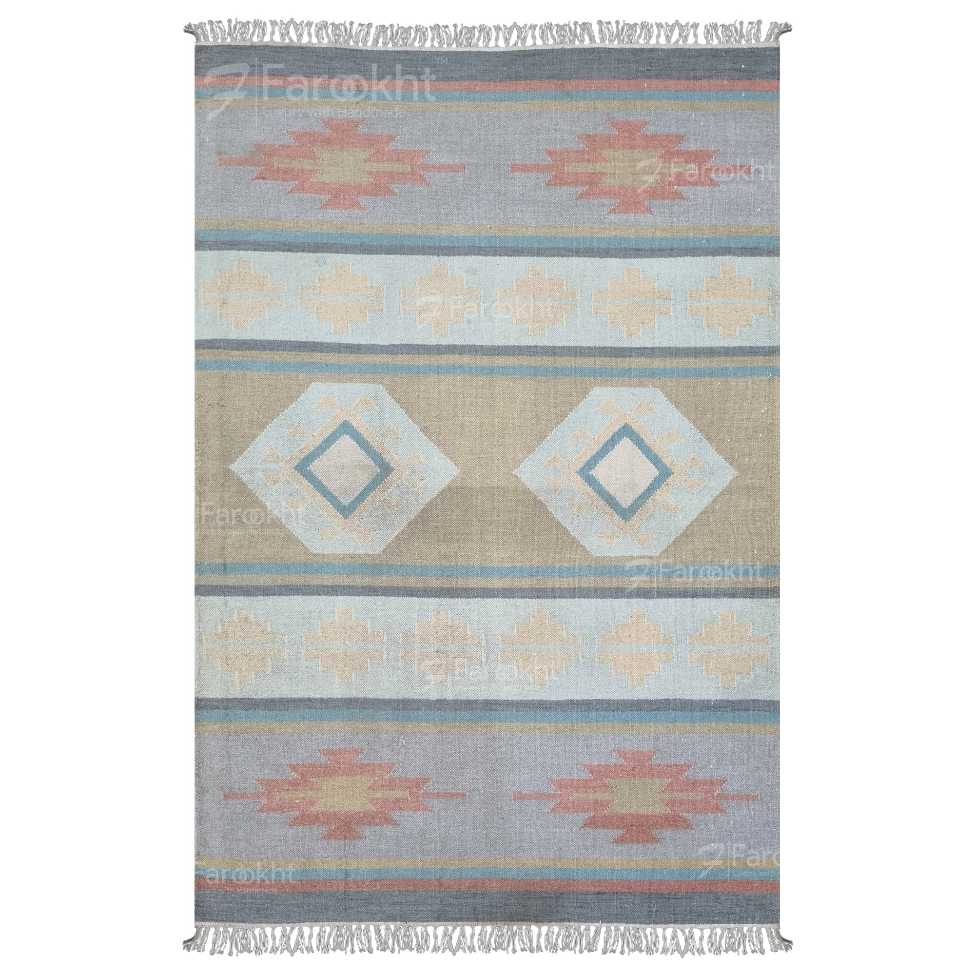 Pastel Flatweave handwoven wool-blend rug, flatweave with coral, mint, and sand tones, finished with short fringes — ideal for living rooms.