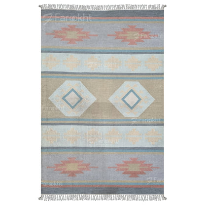 Pastel Flatweave handwoven wool-blend rug, flatweave with coral, mint, and sand tones, finished with short fringes — ideal for living rooms.