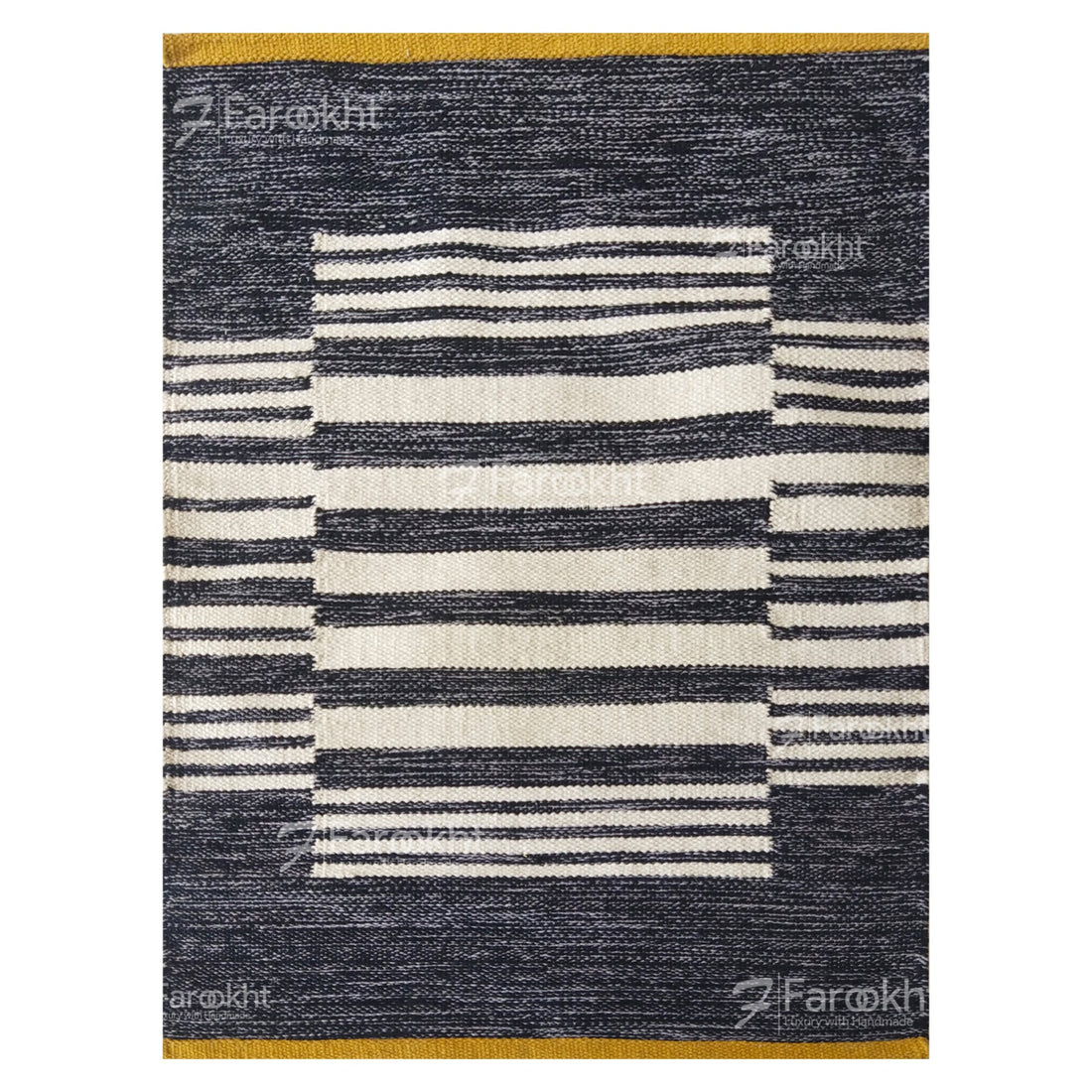 Striped patterned rug with geometric design on a white background, featuring the brand &