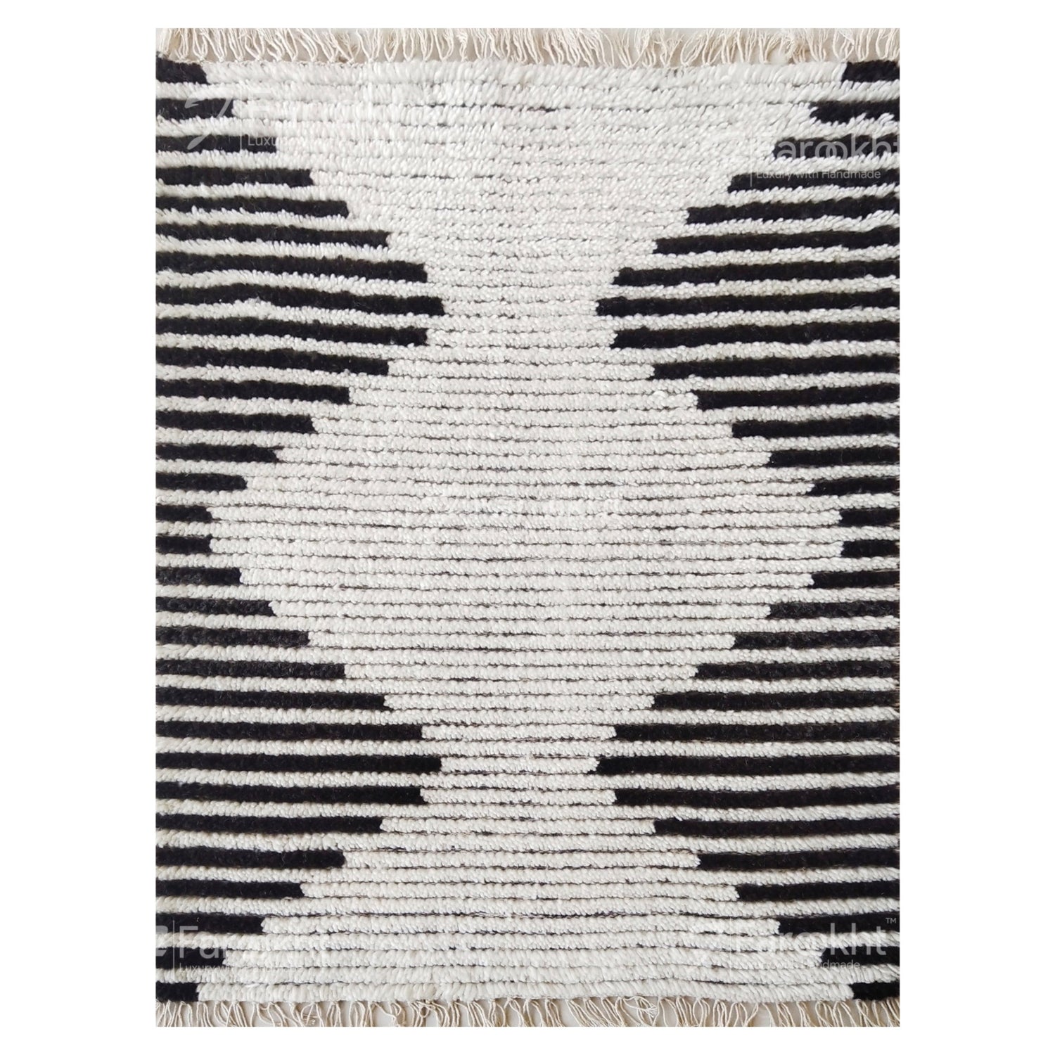 Rug with black and white striped pattern on a plain background