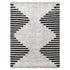 Rug with black and white striped pattern on a plain background