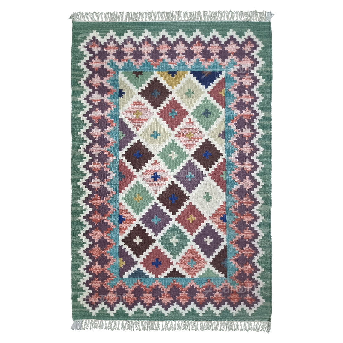 Multicolored geometric patterned rug with fringes on a white background