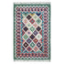 Multicolored geometric patterned rug with fringes on a white background