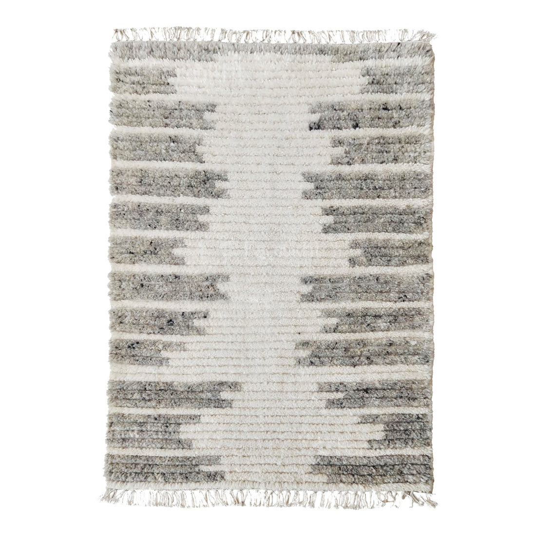 Textured area rug with a striped pattern on a white background