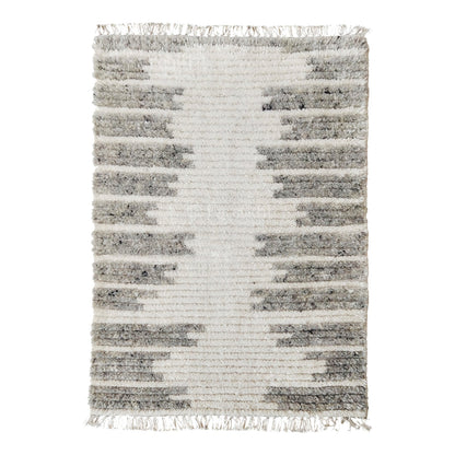 Textured area rug with a striped pattern on a white background