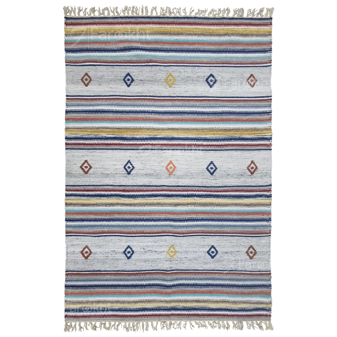 Multicolored striped rug with geometric patterns on a white background