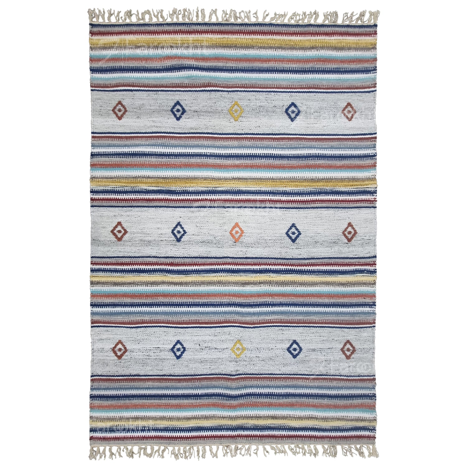 Multicolored striped rug with geometric patterns on a white background