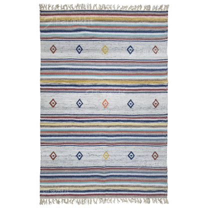 Multicolored striped rug with geometric patterns on a white background