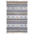Multicolored striped rug with geometric patterns on a white background