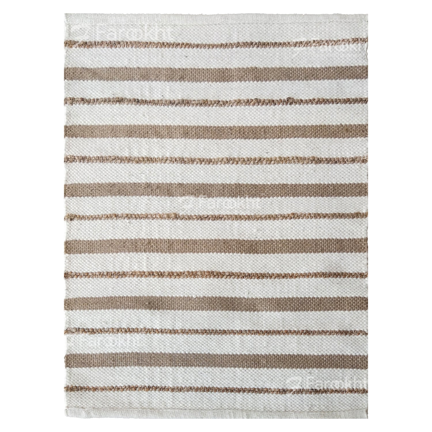 Striped rug with brown and white stripes on a white background