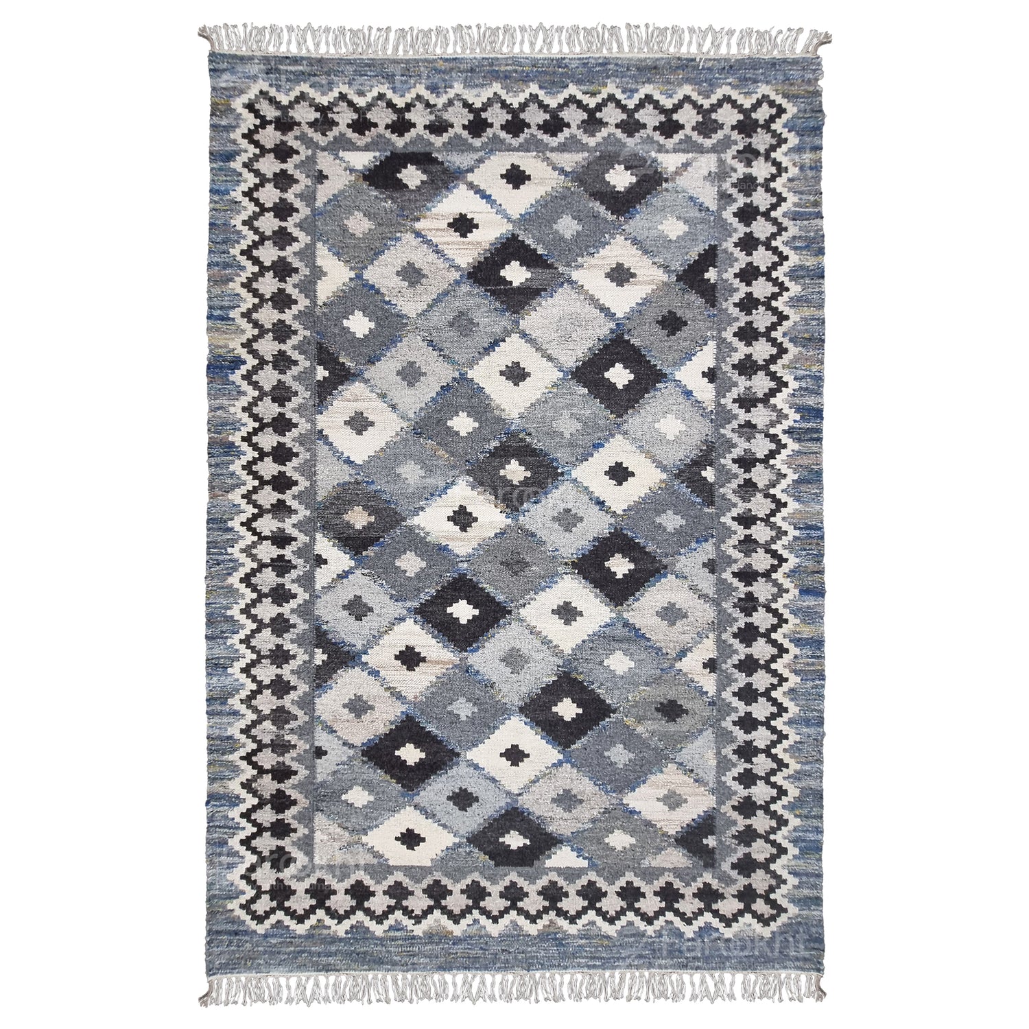 Patterned rug with geometric design on a white background
