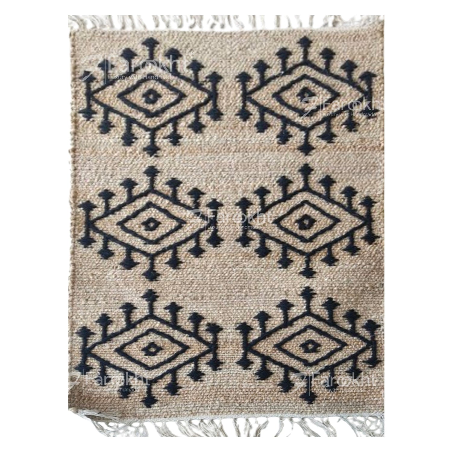 Textile with black geometric patterns on a beige background