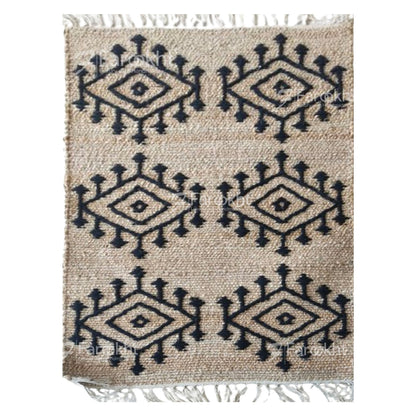 Textile with black geometric patterns on a beige background