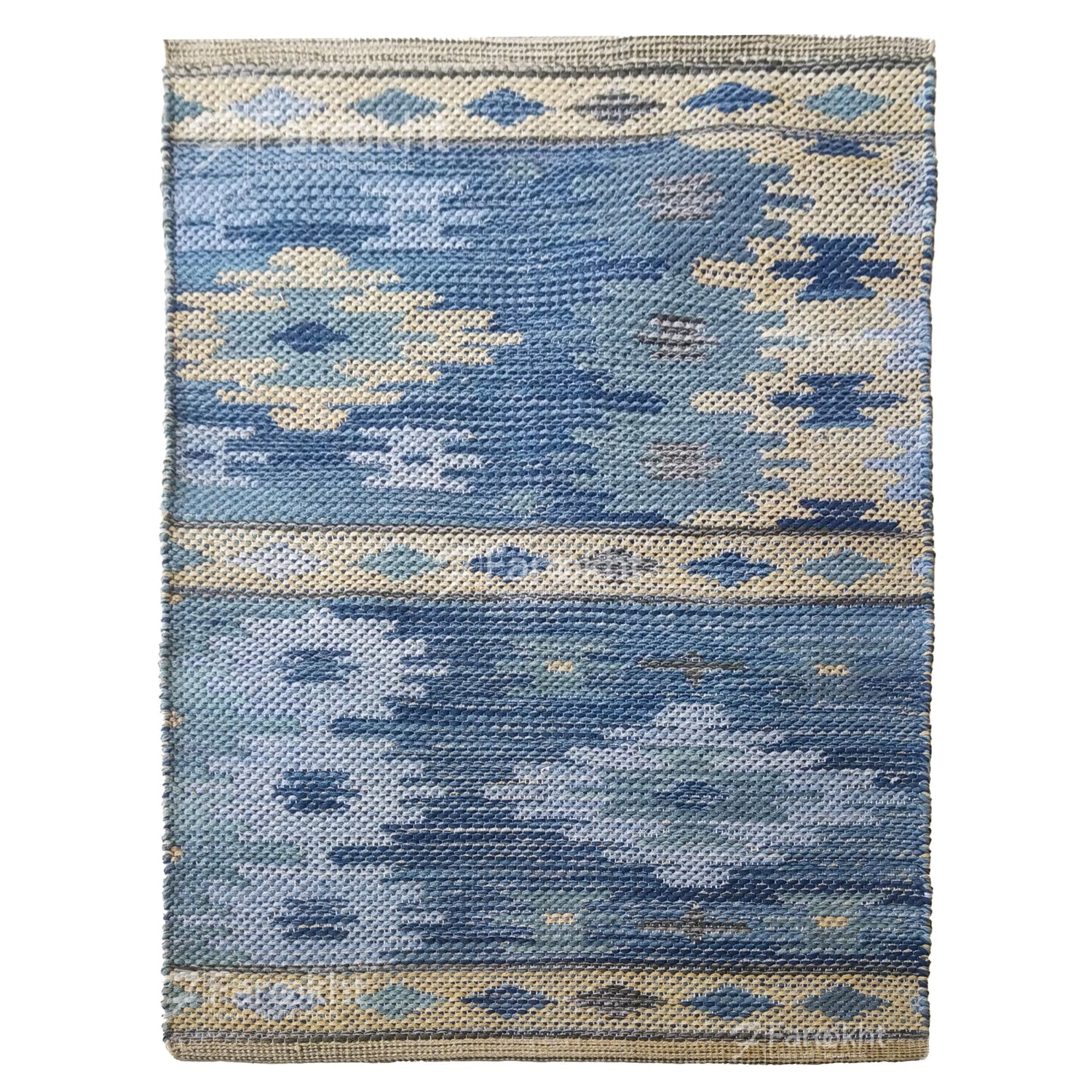 Blue patterned rug on a white background