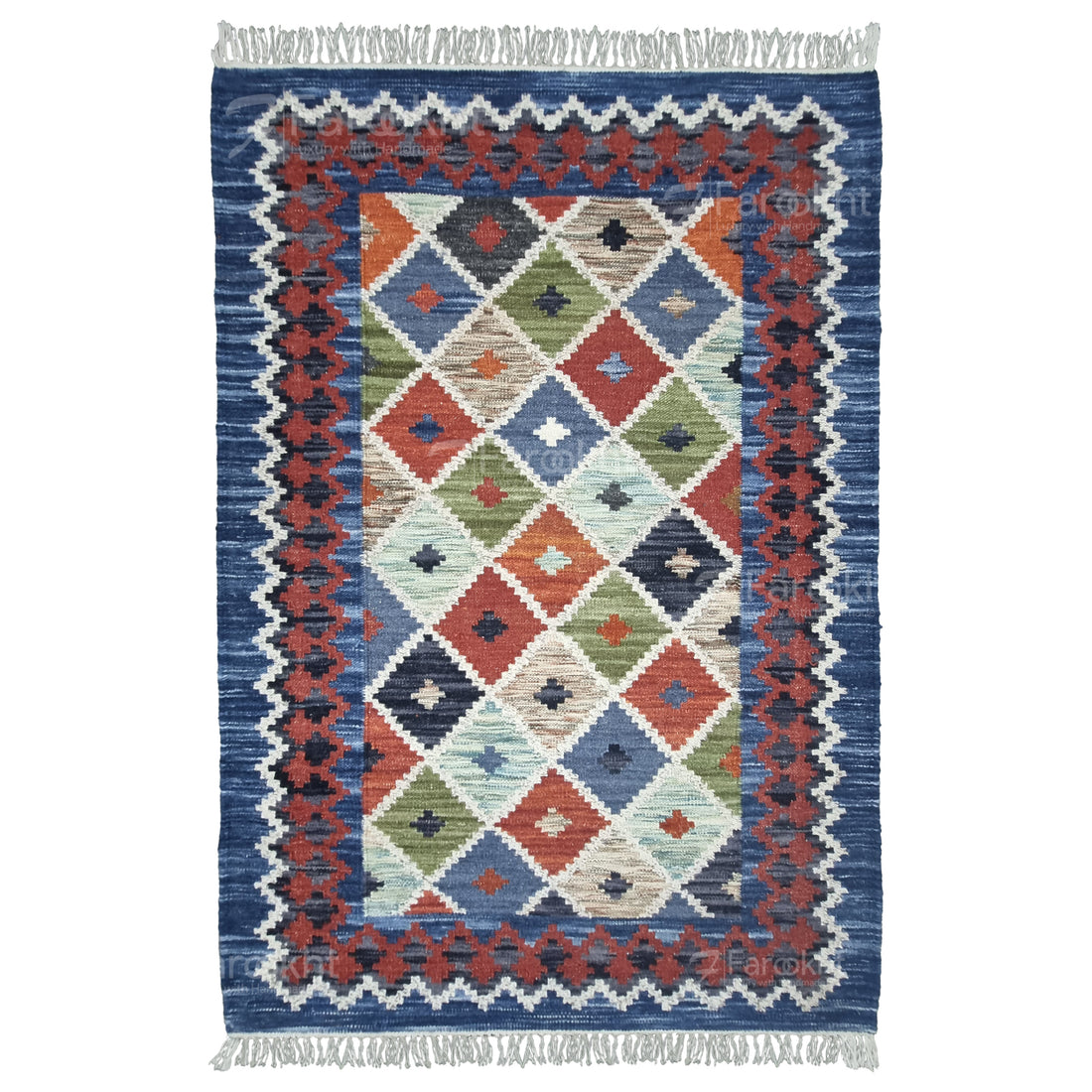Navy Geometric Handwoven Wool Blend Area Rug | Farookht