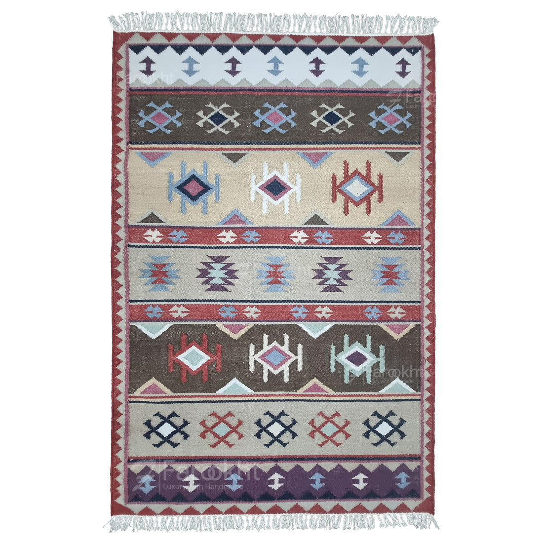 Handwoven rust beige geometric wool-blend rug with teal and purple accents, fringe edges and tribal pattern. Available in multiple sizes for all living spaces