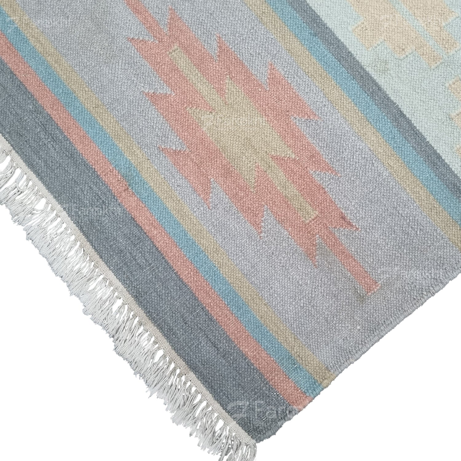 Fringe and edge detail of Pastel Flatweave handwoven wool-blend rug, flatweave construction and low-profile finish.