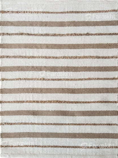 Striped rug with brown and beige stripes on a white background