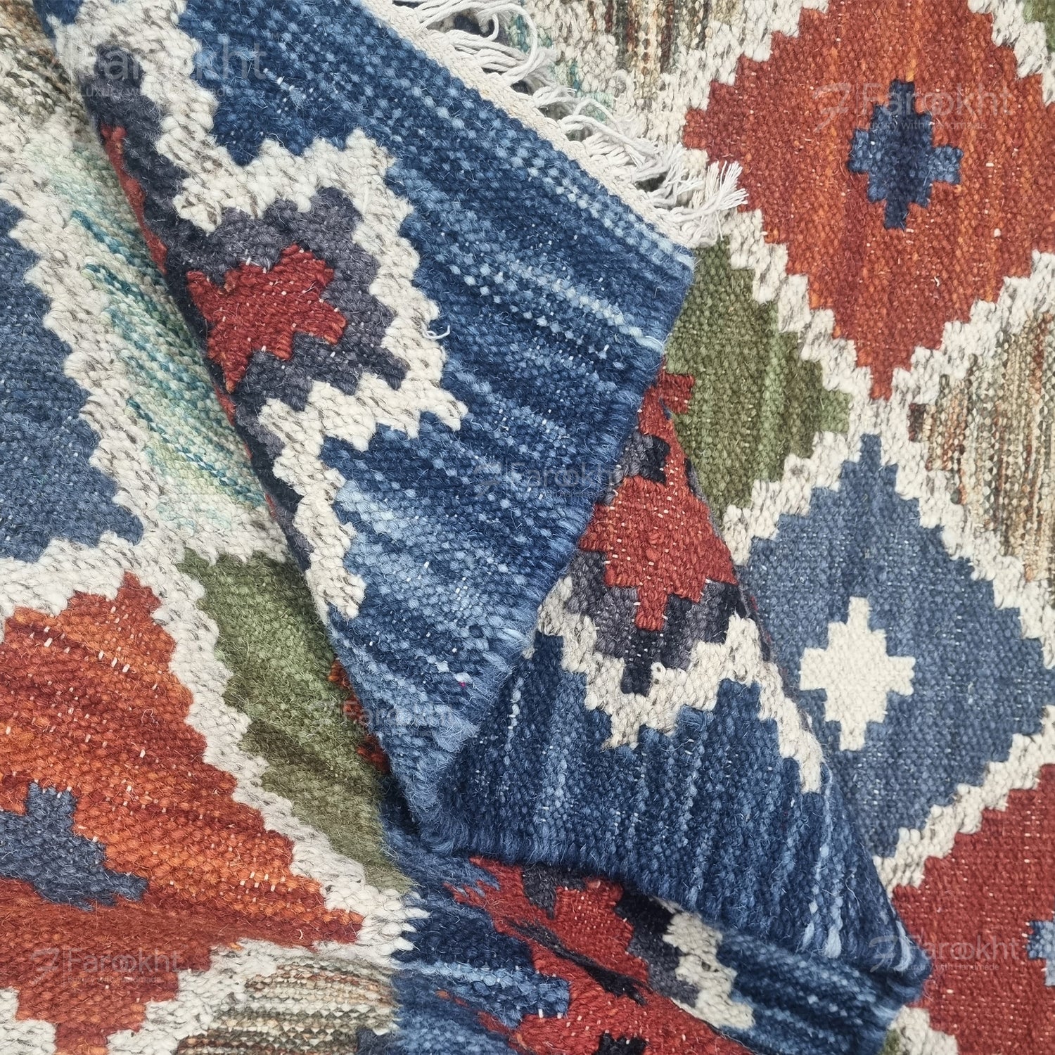 Navy Geometric Handwoven Wool Blend Area Rug | Farookht