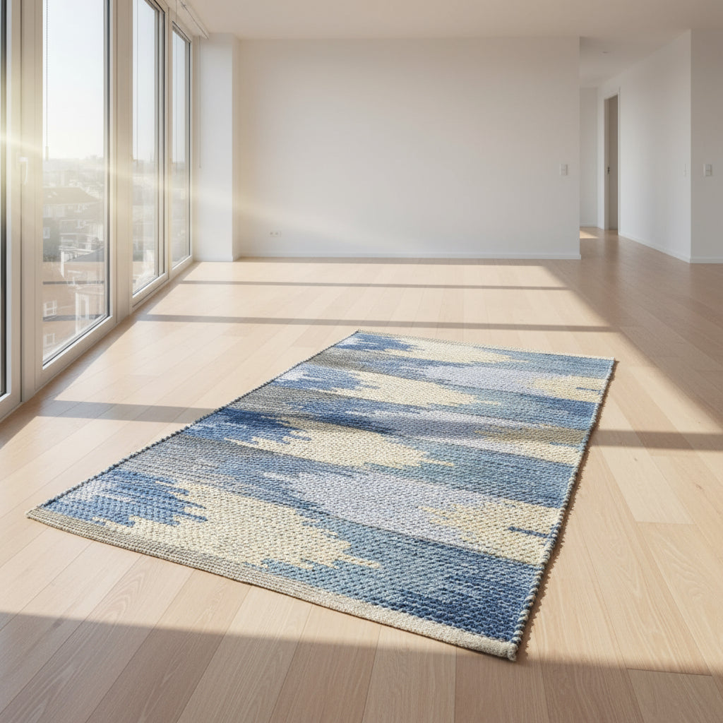 Blue and beige patterned rug on a white floor