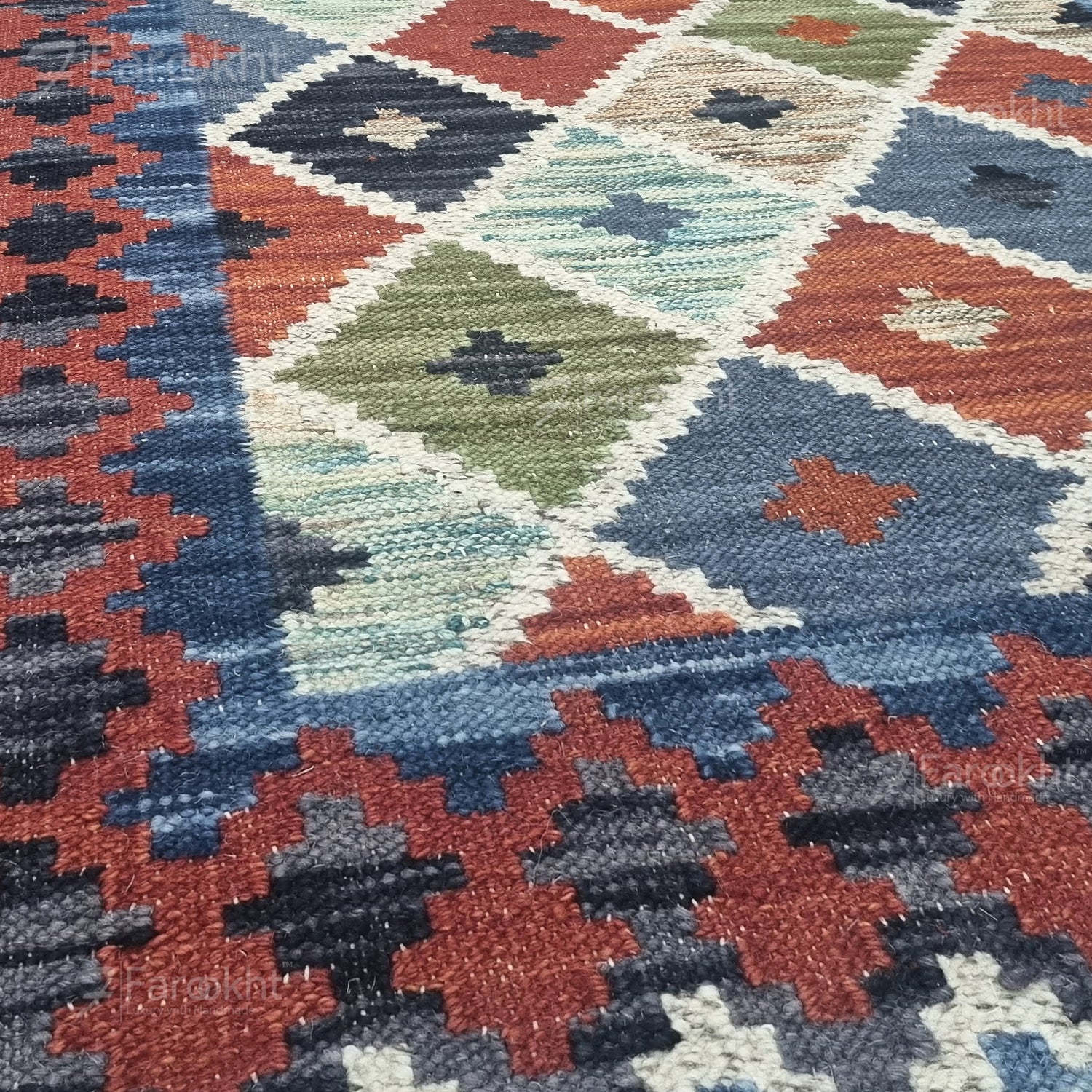 Navy Geometric Handwoven Wool Blend Area Rug | Farookht