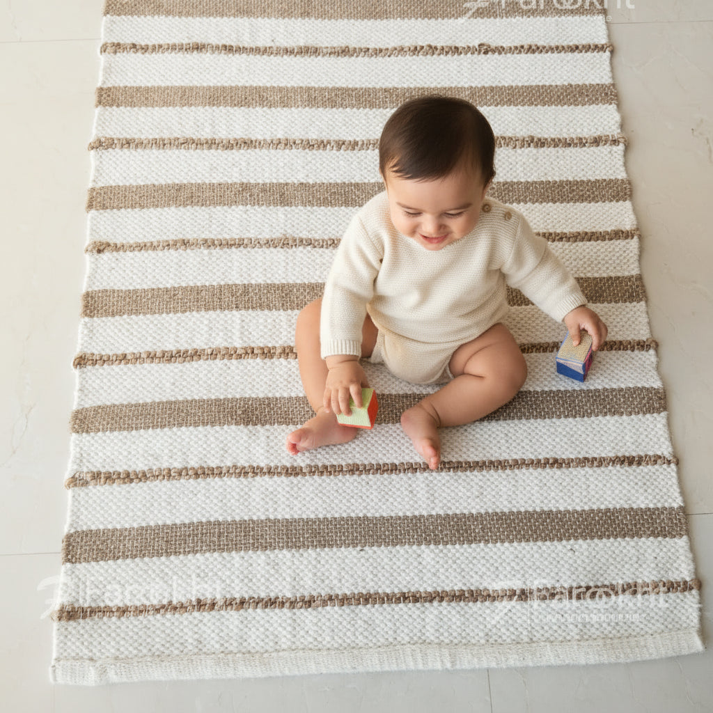 Striped rug with brown and beige stripes on a light gray background