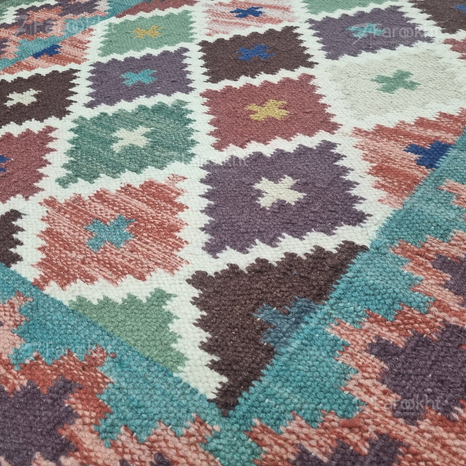 Close-up of a colorful geometric-patterned rug with various colors.