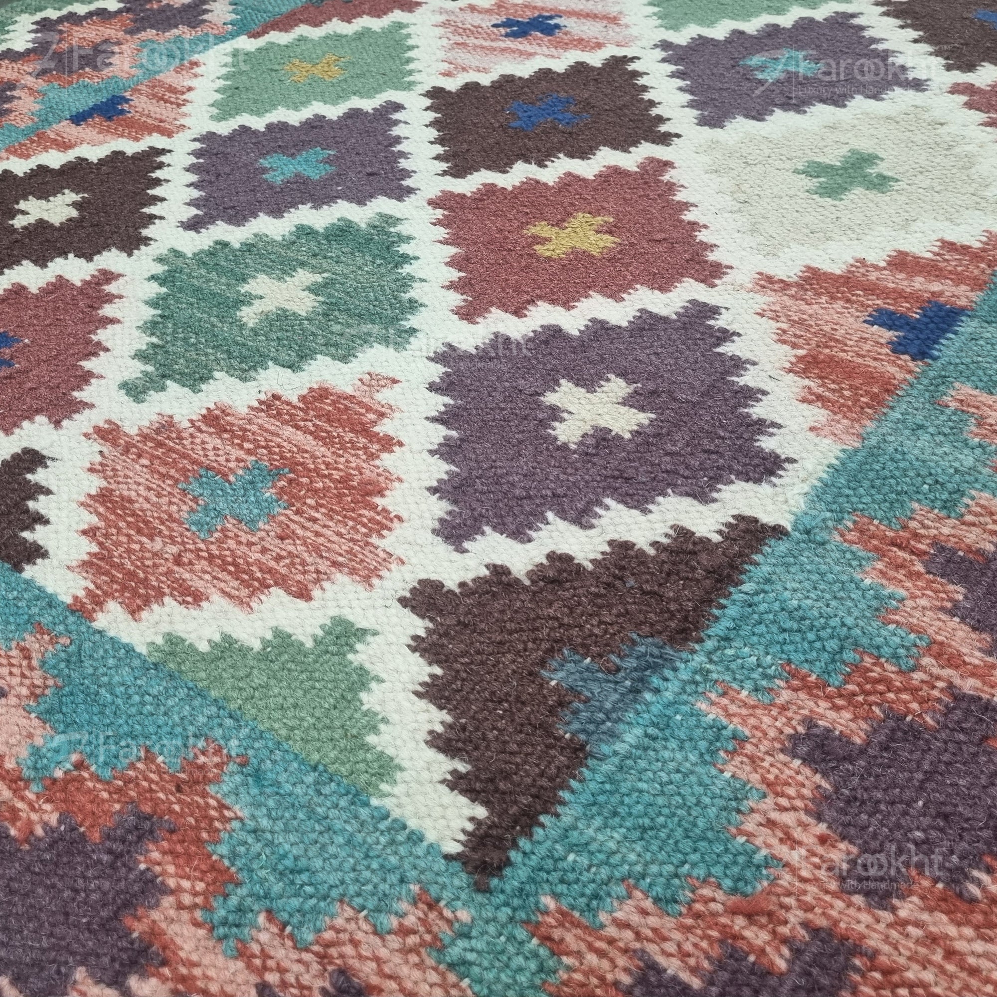 Close-up of a colorful geometric-patterned rug with various colors.