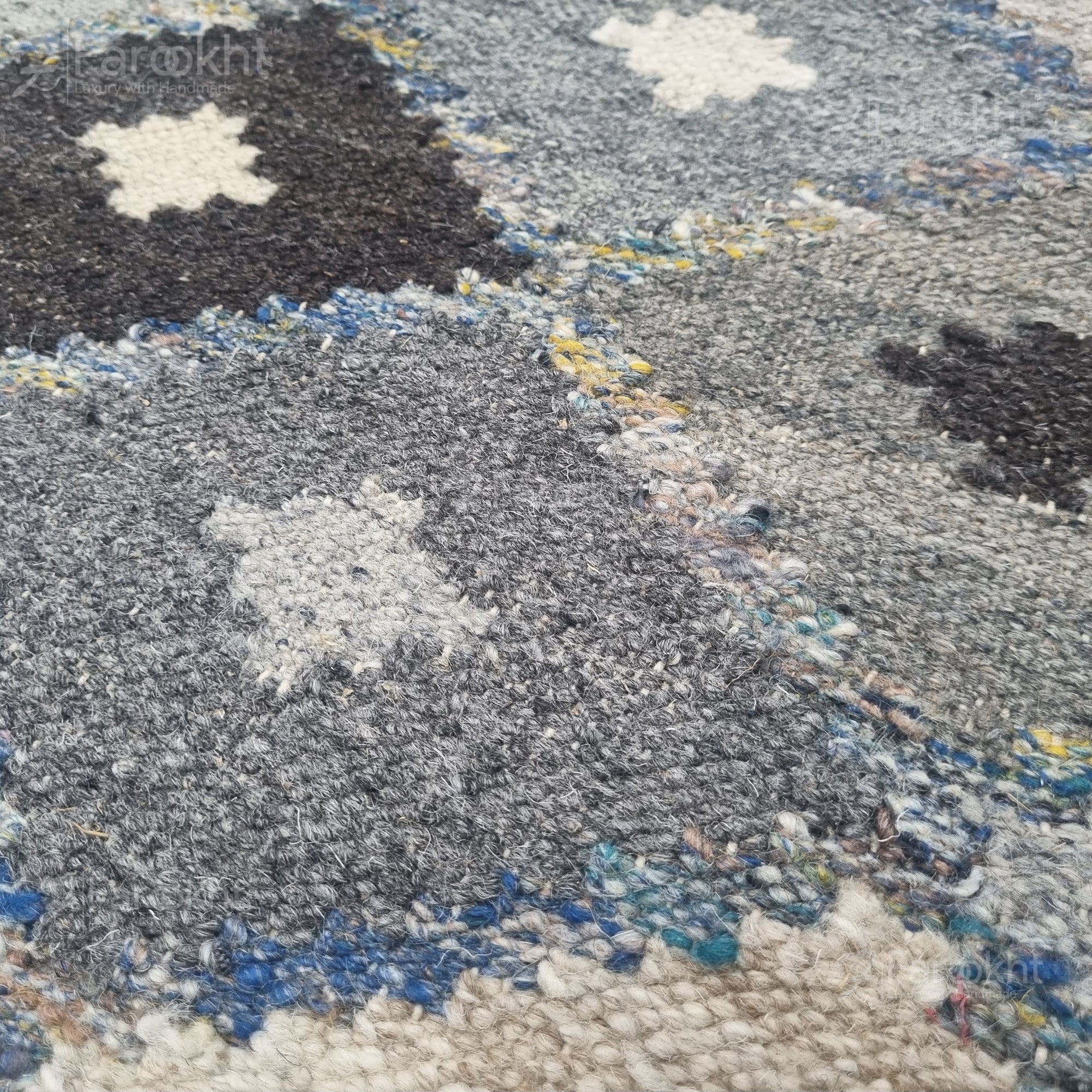Close-up of a textured rug with multicolor pattern