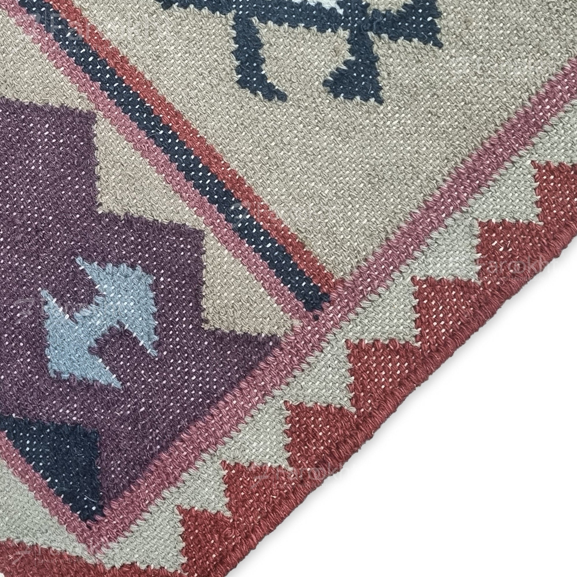 Handwoven Rust Beige Geometric wool-blend rug with teal and purple accents, fringe edges and tribal pattern. Available in multiple sizes for all living spaces