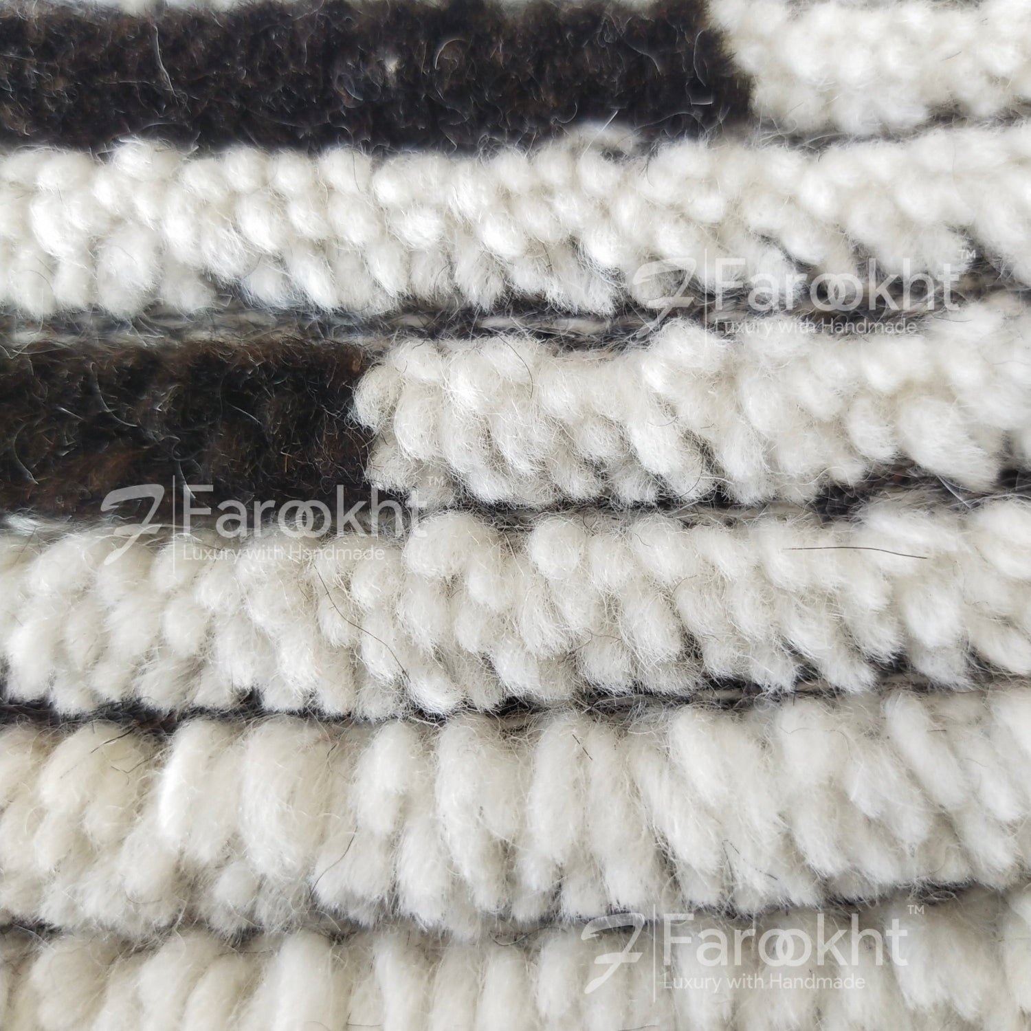 Close-up of textured yarn samples in black, white, and gray with Farookt branding.