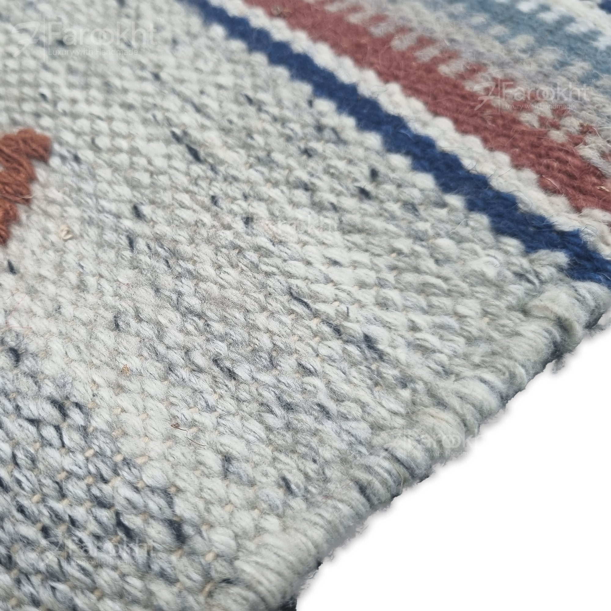 Close-up of a textured rug with a striped border
