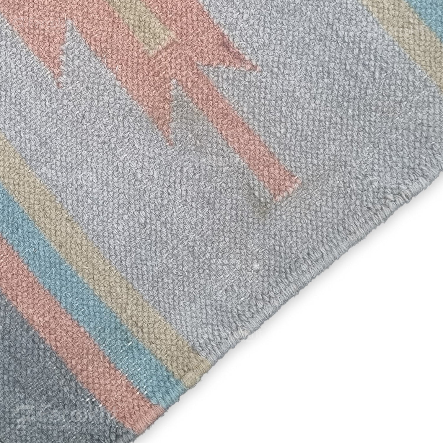 Pastel Flatweave handwoven wool-blend rug, flatweave with coral, mint, and sand tones, finished with short fringes — ideal for living rooms.