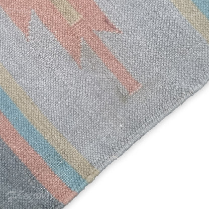 Pastel Flatweave handwoven wool-blend rug, flatweave with coral, mint, and sand tones, finished with short fringes — ideal for living rooms.