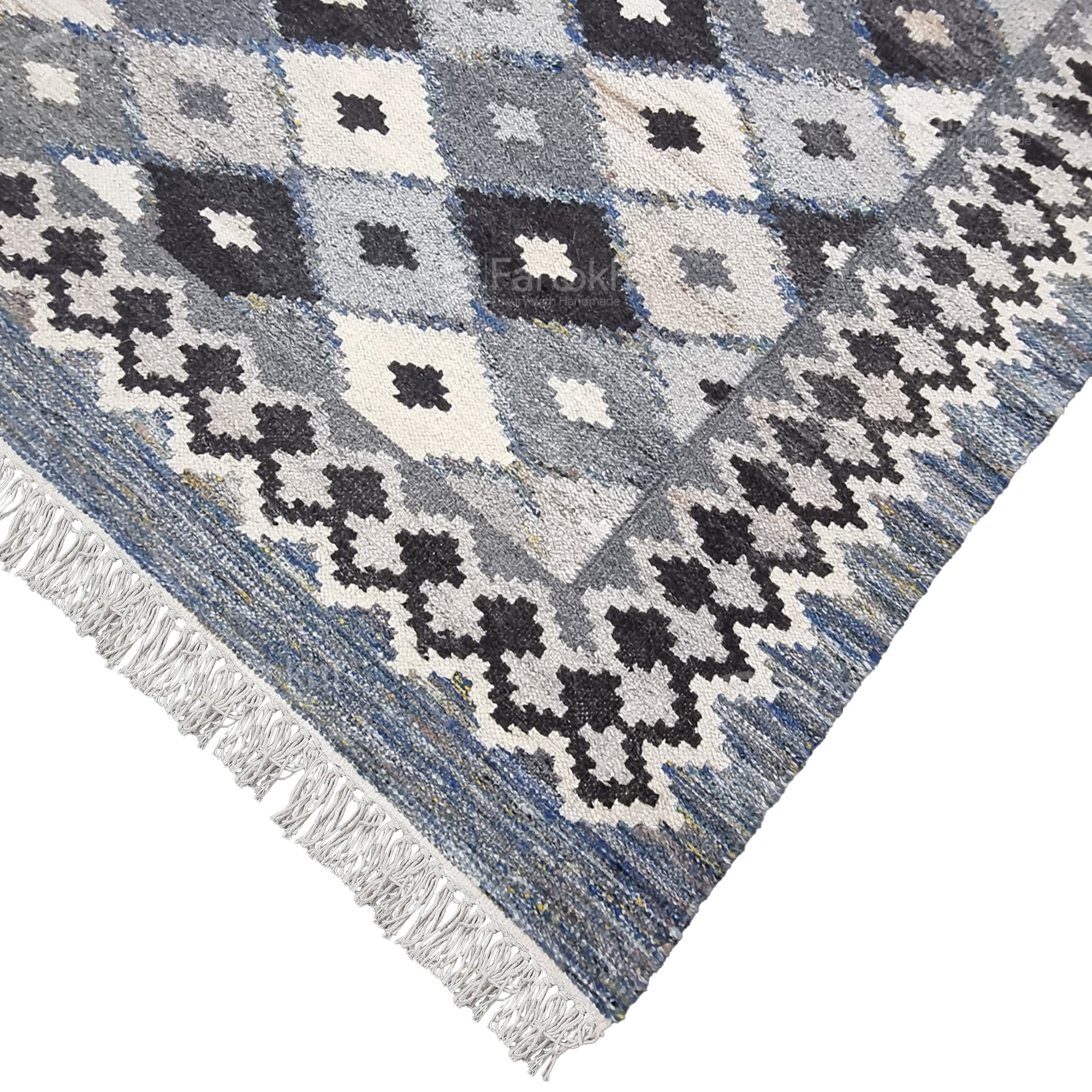 Close-up of a patterned rug with geometric design on a white background