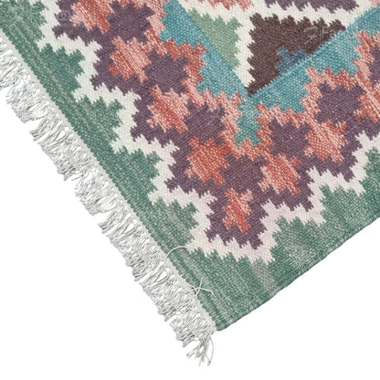Close-up of a colorful geometric-patterned rug with fringes on a white background
