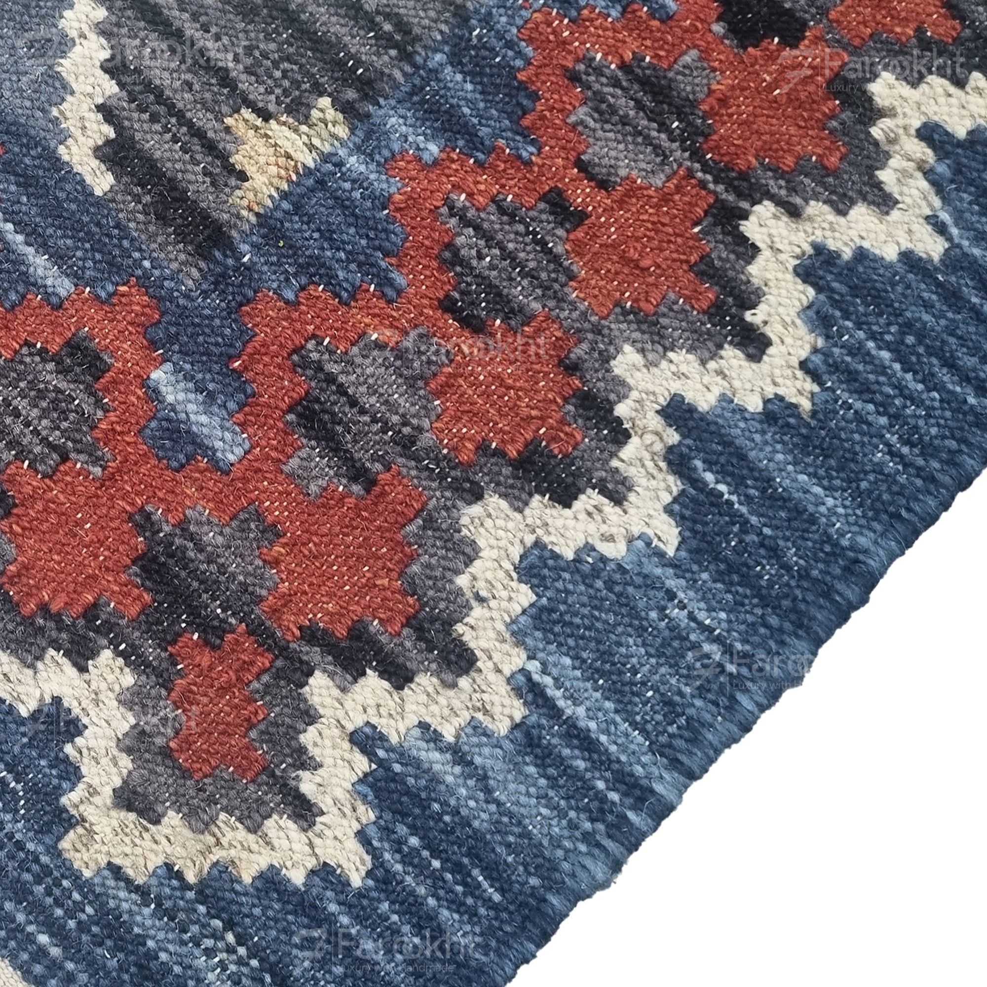 Navy Geometric Handwoven Wool Blend Area Rug | Farookht