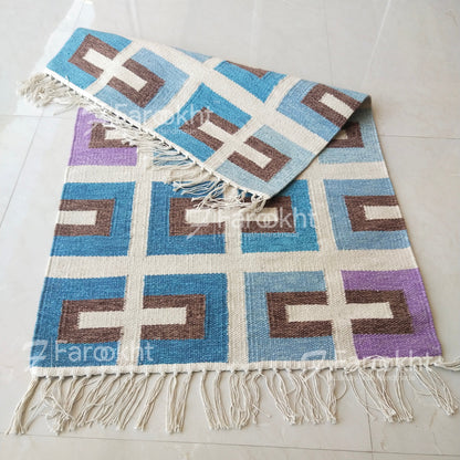 Geometric patterned rug with blue, brown, and purple squares on a white floor.
