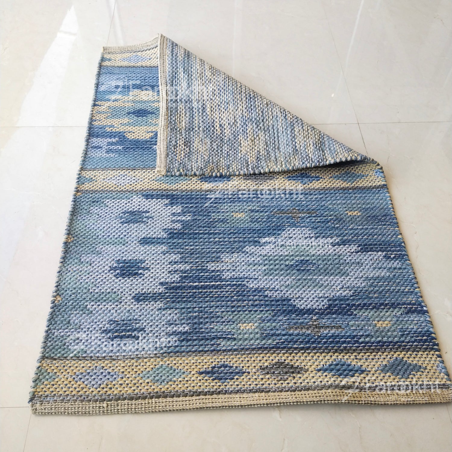 Blue patterned rug on a white floor