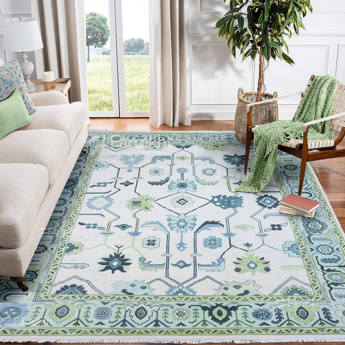 Green Hand Knotted Oushak Rugs and Carpets