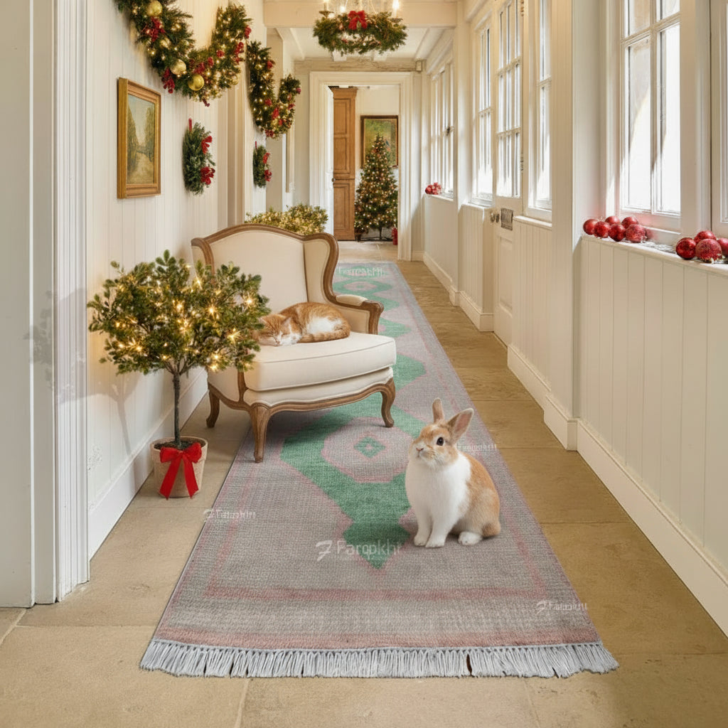 Cozy living room with a rabbit on a patterned rug, Christmas decorations, and a tree.