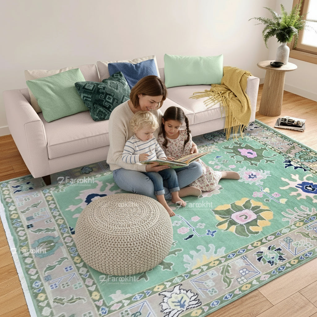 Decorative rug with floral pattern in a living room setting