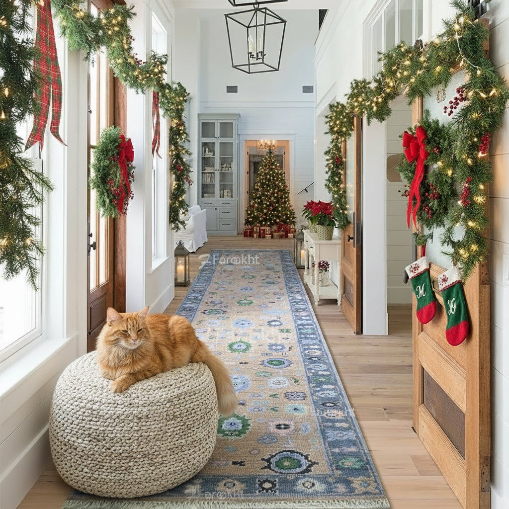 Long decorative rug on a wooden floor in a home interior with sliding doors and windows.