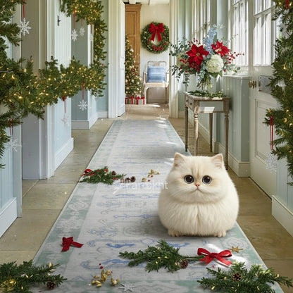 Long decorative rug on a wooden floor in a hallway with light blue walls.